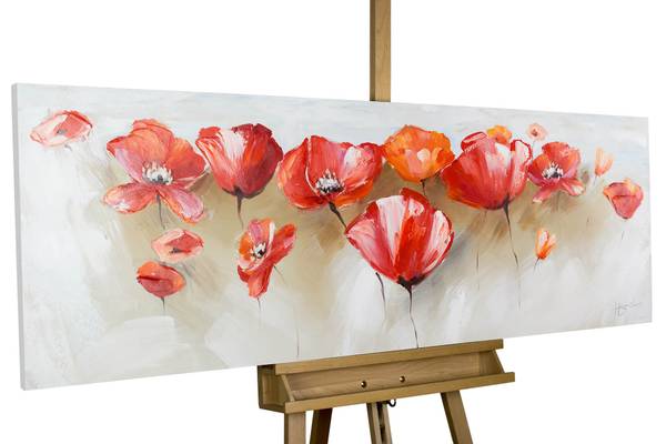 Acrylbild Handgemalt Mohnblumen Sin Rot - Baumwollstoff - 150 x 50 x 4 cm