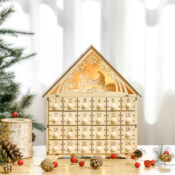 Kerst-adventskalender 830-412 bruin - plaatmateriaal op houtbasis - 6 x 30 x 27 cm