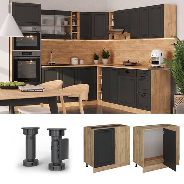 Eckunterschrank R-Line 53566 Anthrazit - Eiche Landhaus Dekor - Eiche Dekor