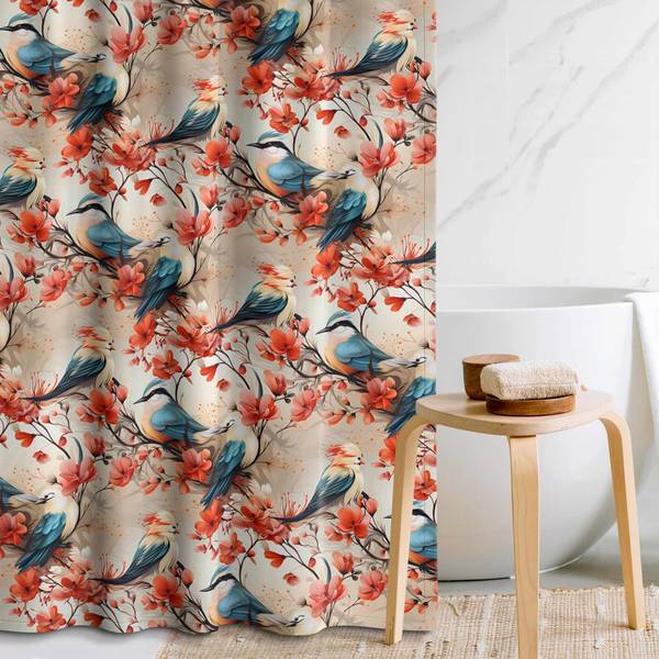 Duschvorhang Singvögel mit Kirschblüten Rot - Polyester - 180 x 180 x 1 cm