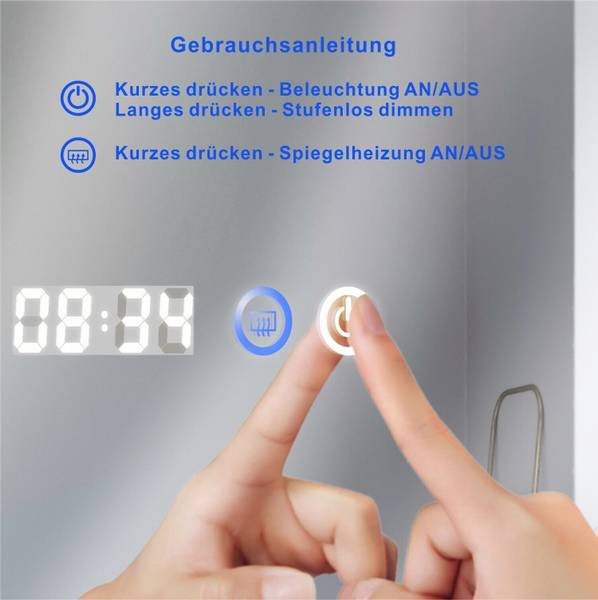 LED Badspiegel Kosmetikspiegel mit Uhr Silber - Glas - 120 x 60 x 5 cm