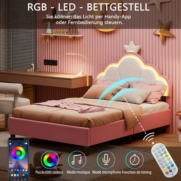 Polsterbett KroneBett HSGJSF57 Pink - Metall - Massivholz - 204 x 128 x 91 cm