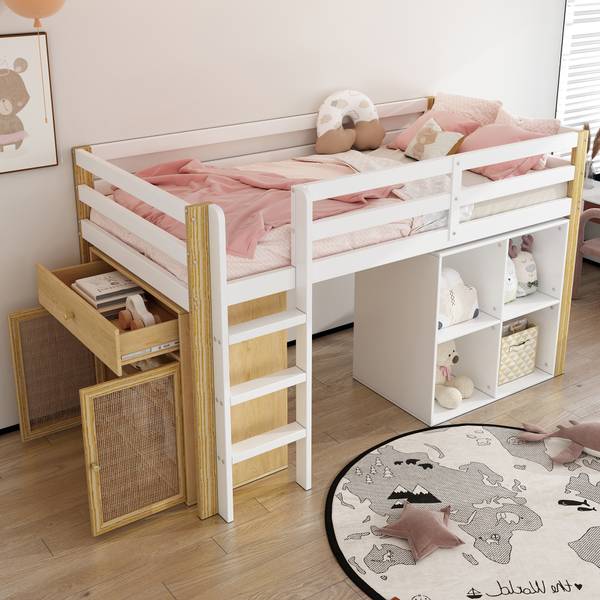 Hochbett Noah Braun - Weiß - Holzwerkstoff - Massivholz - 96 x 120 x 204 cm