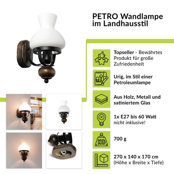 Wandleuchte PETRONEL Schwarz - Braun - Weiß - Glas - Metall - 14 x 27 x 17 cm