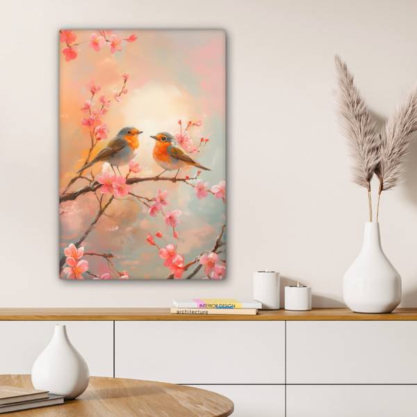 LEINWANDBILD Rotkehlchen Pink - Baumwollstoff - 60 x 90 x 2 cm