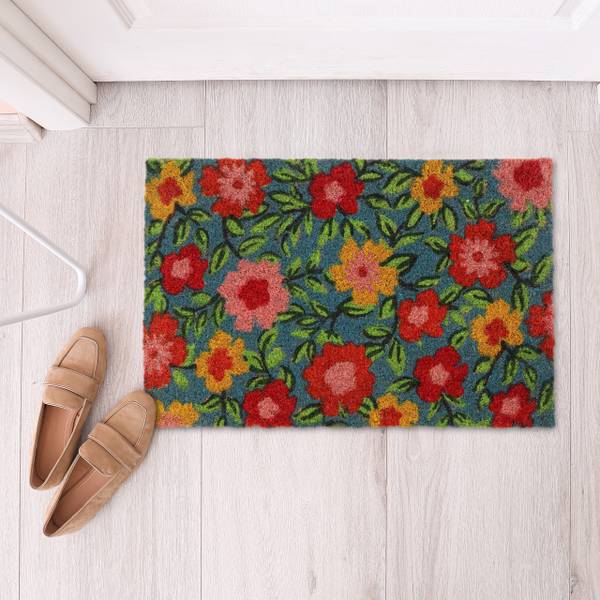 Deurmat bloemen blauw - groen - rood - natuurvezel - kunststof - 50 x 2 x 40 cm