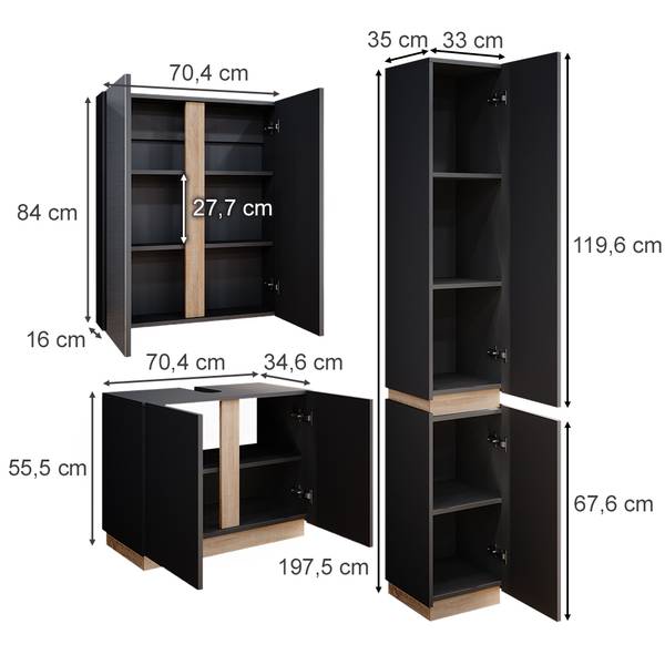 Badmöbel-Set Gloria 40894 3er Set Braun - Grau - Holzwerkstoff - 70 x 55 x 34 cm