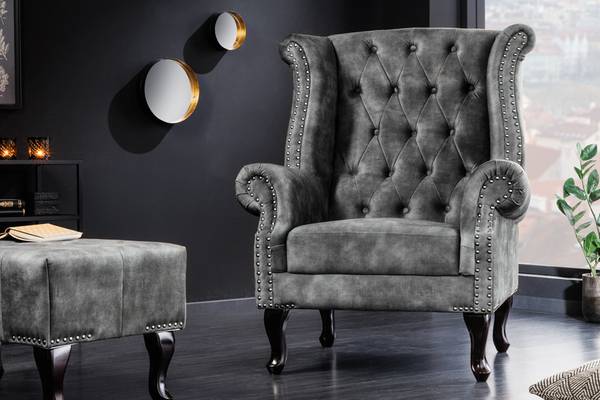 Ohrensessel CHESTERFIELD Grau - Polyester - Samt - 85 x 105 x 75 cm