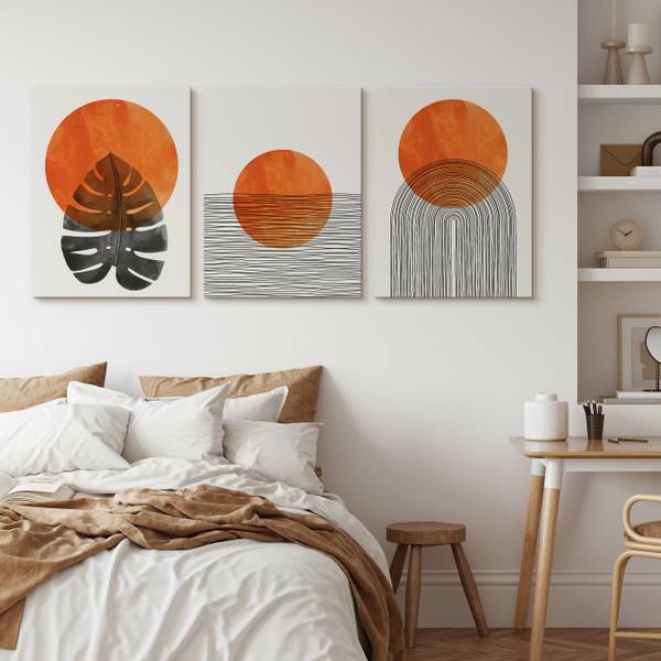 Leinwandbilder BLÄTTER Boho 3-er Set Beige - Schwarz - Orange - Leinen - 90 x 40 x 40 cm