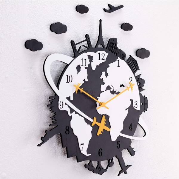Horloge murale design Tour du Monde Noir - Blanc - Bois manufacturé - 41 x 45 x 1 cm