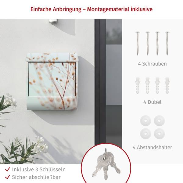 Briefkasten Knospen Wildblumenzweig I Beige - Stahl - 39 x 46 x 13 cm