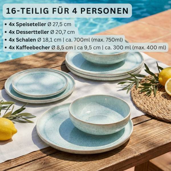 Kombiservice Paros - 16 teilig Türkis - Steingut