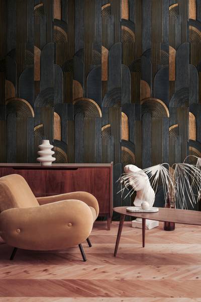 Fototapete Art Deco Rhythm erweiterbar Beige - Schwarz - Braun - Fleece - Vinyl - 159 x 280 x 1 cm