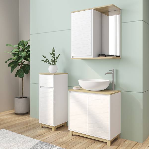 Meubles bain Livia 51806, lot de 3 Imitation chêne dakota - Blanc