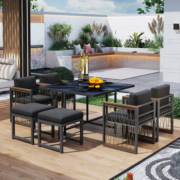 Gartenmöbelset Hephaestus 7-tlg Schwarz - Braun - Polyester - Webstoff - Akazie - Eisen - 158 x 74 x 230 cm
