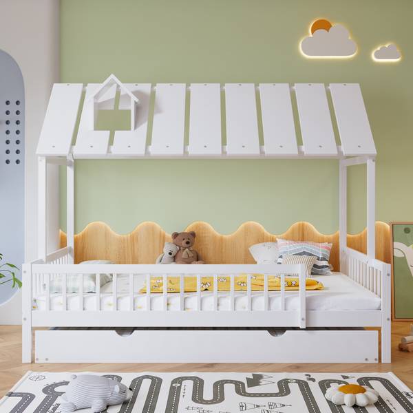 Lit gigogne LucyWoody Ⅰ Blanc - Bois manufacturé - Bois massif - 125 x 169 x 205 cm