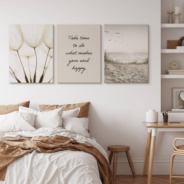 Leinwandbilder Set Meer Zitat Pflanzen Beige - Schwarz - Grün - Leinen - 90 x 40 x 40 cm