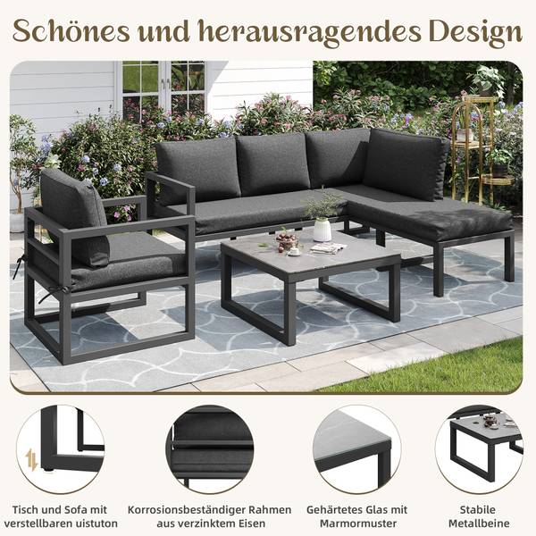 Ensemble jardin corde 4-pce Phanes Ⅳ Gris - Polyester - Tissu - Fer - Verre de sécurité - 122 x 78 x 184 cm