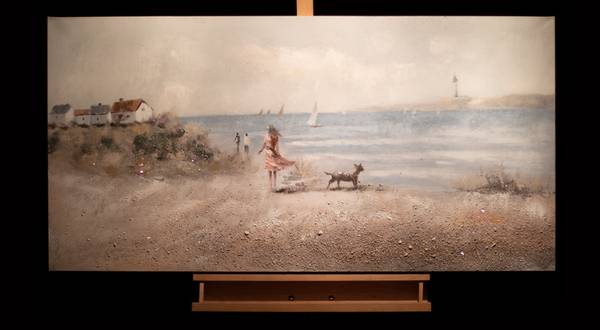 Acrylbild Handgemalt Strände Yuk Beige - Blau - Baumwollstoff - 120 x 60 x 4 cm