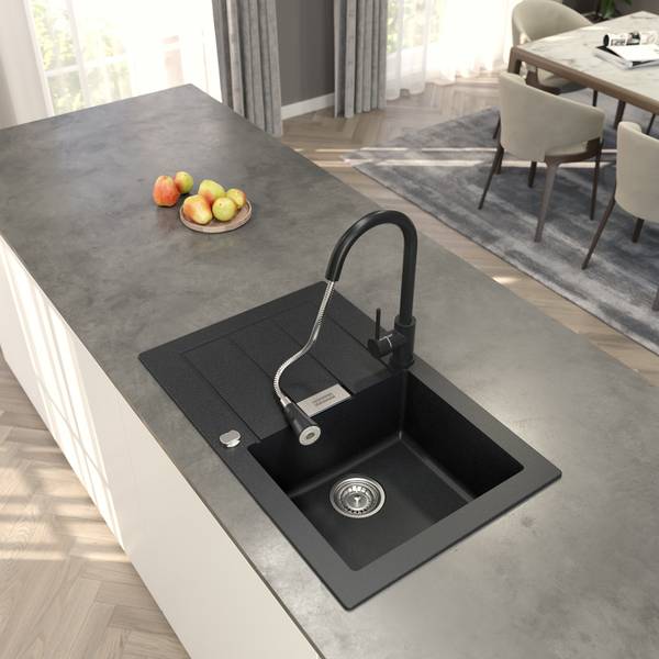 Spülbecken Sid611-78 mit Batterie Schwarz - Keramik - 78 x 50 x 20 cm