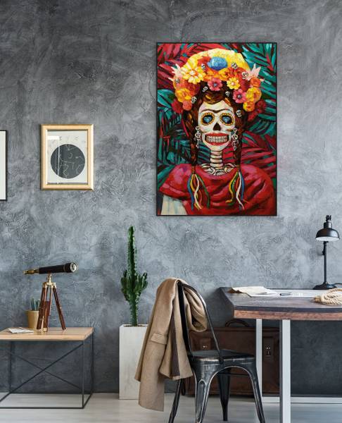 Tableau peint à la main Crâne Rosita Coton - 70 x 100 x 4 cm