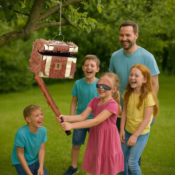 Pinata Set Schatztruhe mit Stab & Maske Braun - Gold - Weiß - Papier - Kunststoff - 30 x 27 x 23 cm