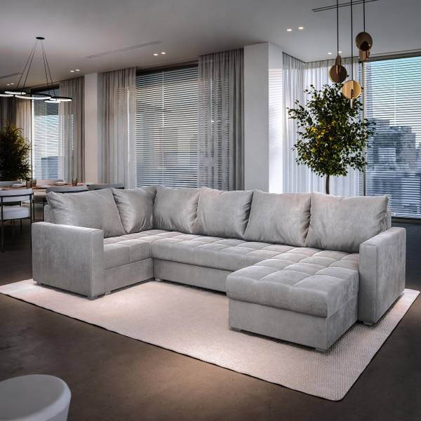 Ecksofa LORIVO Hellgrau - Ecke davorstehend links - Ottomane davorstehend links