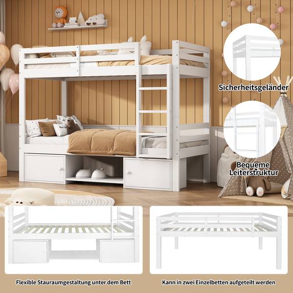 Etagenbett-O0914 Weiß - Massivholz - 95 x 158 x 205 cm