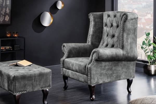 Ohrensessel CHESTERFIELD Grau - Polyester - Samt - 85 x 105 x 75 cm