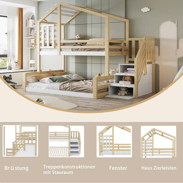 Haus-Etagenbett Uranus Ⅴ Braun - Weiß - Kiefer - 146 x 209 x 253 cm