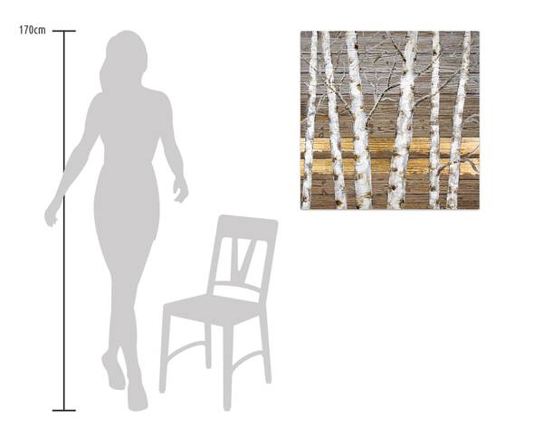 Tableau peint à la main Bouleaux Beige - Doré - Coton - 80 x 80 x 4 cm