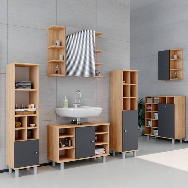 Badmöbel-Set Fynn 34717 2er Set Anthrazit - Braun - Eiche Dekor