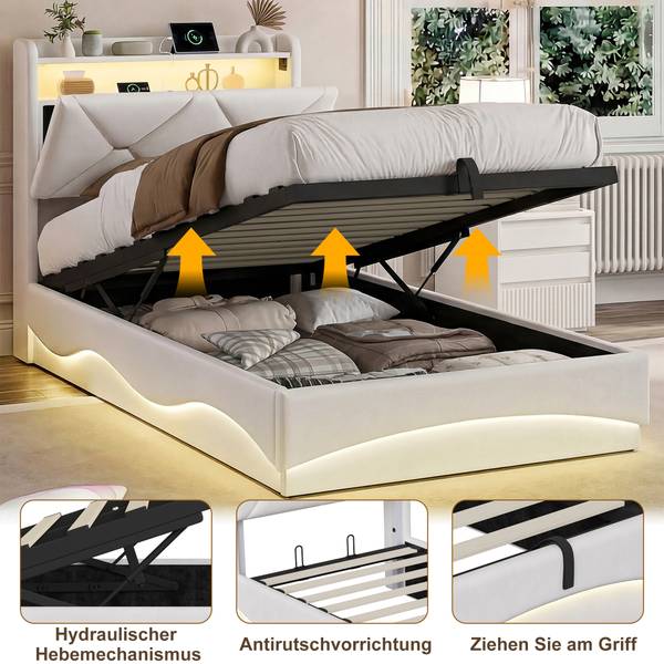 Polsterbett HUR01 Beige - Metall - Massivholz - 91 x 108 x 214 cm