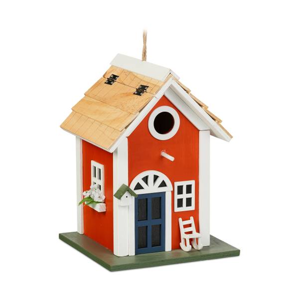 Decoratief vogelhuisje landhuis bruin - rood - wit - plaatmateriaal op houtbasis - 19 x 25 x 19 cm