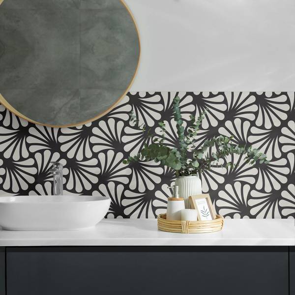 Fliesen Stilvolles Blattwerk 4er Set Schwarz - Vinyl - 50 x 50 x 0 cm
