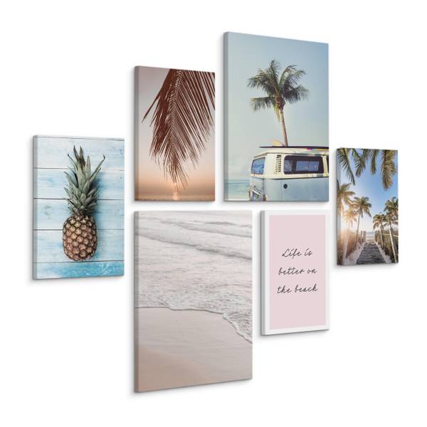 Set De Tableaux Mer Palmiers Nature 3D Beige - Bleu - Marron - Lin - 90 x 80 x 80 cm