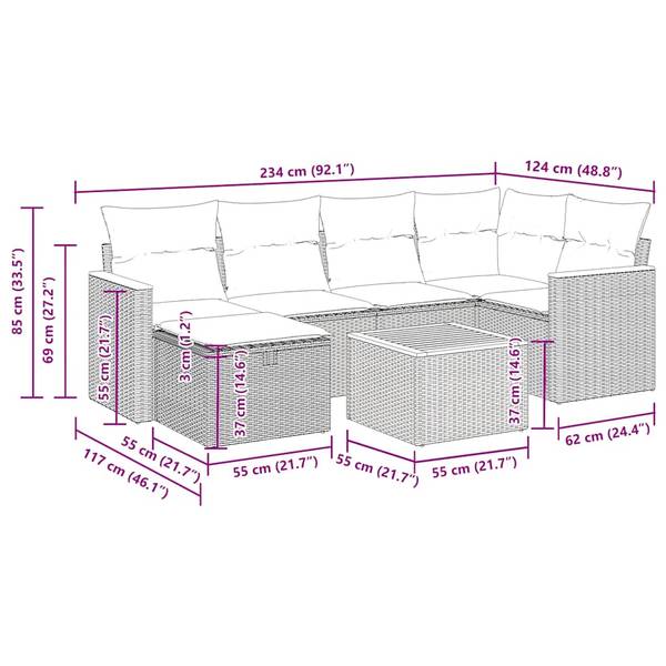 Garten-Lounge-Set 3036563-4 7-teilig Schwarz - Weiß - Polyrattan - 62 x 69 x 62 cm
