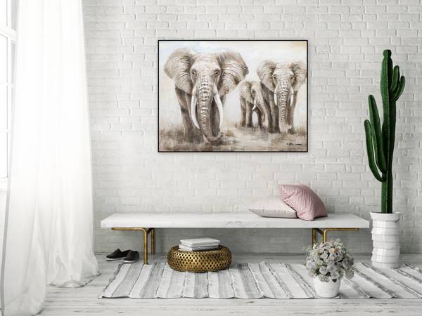 Acrylbild Handgemalt Elefant Zam Grau - Baumwollstoff - 100 x 75 x 4 cm