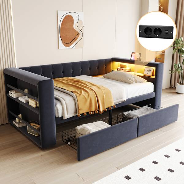 Polsterbett Phoebe Ⅰ Grau - Holzwerkstoff - Textil - 97 x 69 x 214 cm