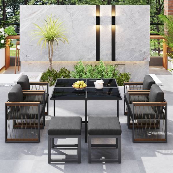 Gartenmöbelset Hephaestus 7-tlg Schwarz - Braun - Polyester - Webstoff - Akazie - Eisen - 158 x 74 x 230 cm