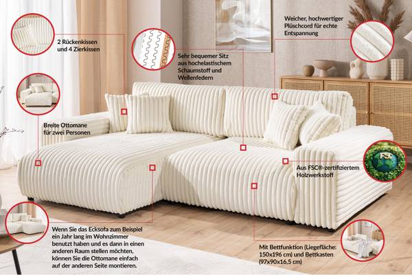 Ecksofa Mollis mit Schlaffunktion Beige - Ecke davorstehend links