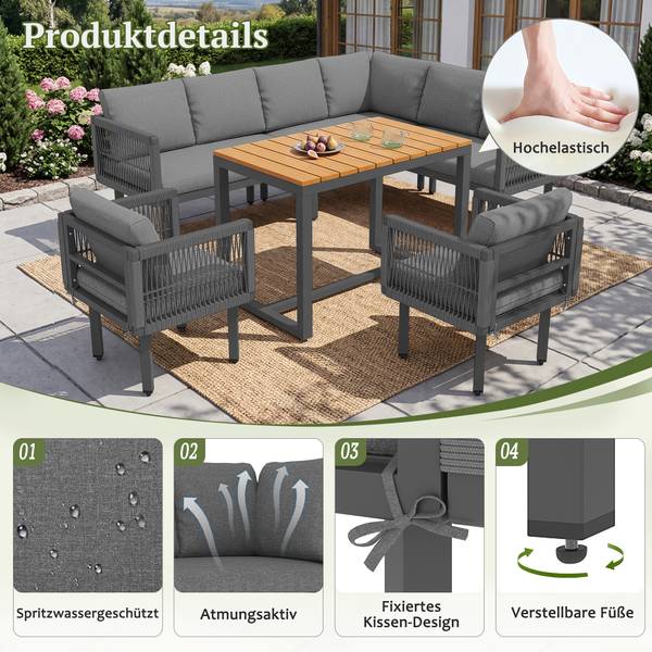 Gartenlounge-Set Gaia Ⅵ（6-tlg） Grau - Holzwerkstoff - Metall - Kunststoff - Textil