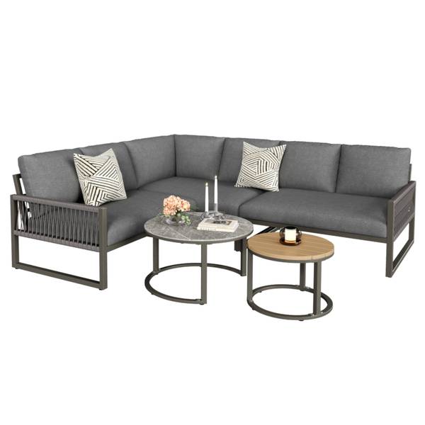 Gartenmöbel-Set MetaRopeNatur 5-teilig Grau - Holzwerkstoff - Glas - Metall - Kunststoff - Textil - 233 x 86 x 178 cm