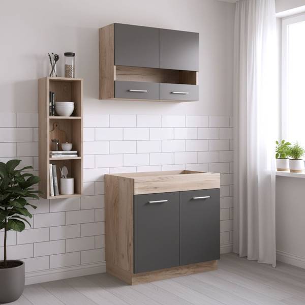 Coin cuisine sans plan de travail 2324 Anthracite - Marron - Gris - Imitation chêne - Bois