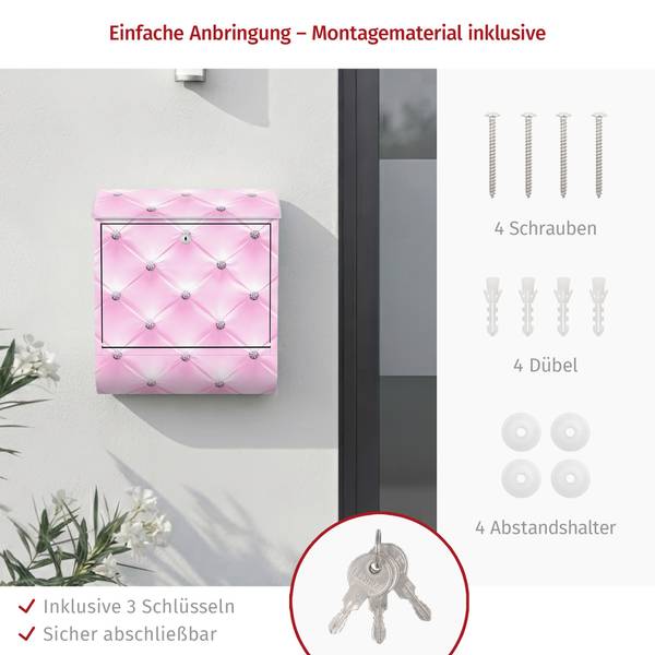 Briefkasten Diamant Luxus I Pink - Stahl - 39 x 46 x 13 cm