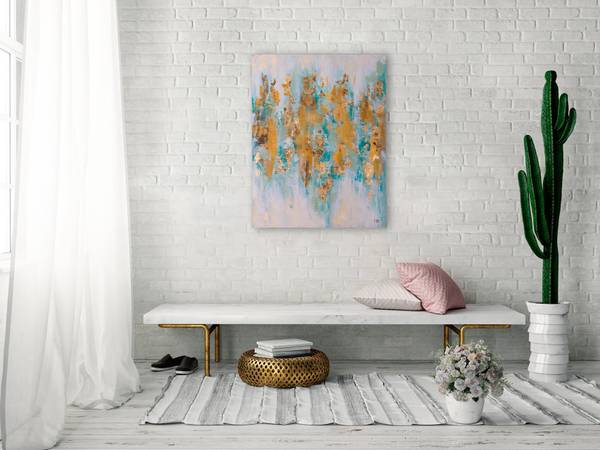 Acrylbild Handgemalt Nonfigurativ Gay Beige - Türkis - Baumwollstoff - 75 x 100 x 4 cm