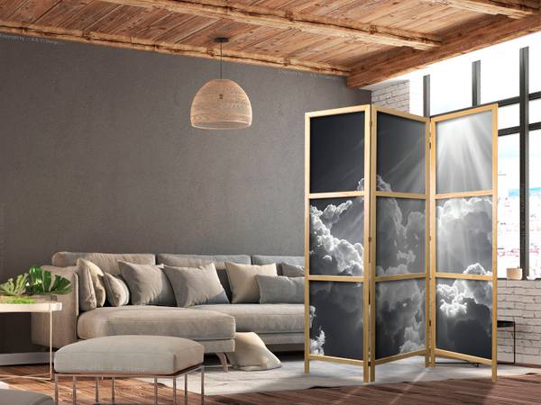 Paravent Strahlen Wolken 3-tlg Schwarz - Grau - Weiß - Holzwerkstoff - Textil - 135 x 172 x 3 cm