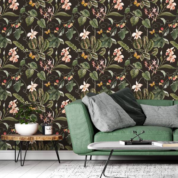 Tapete Aquarell BLÄTTER Blumen Natur Beige - Schwarz - Grün - Rot - Fleece - 53 x 1000 x 1000 cm
