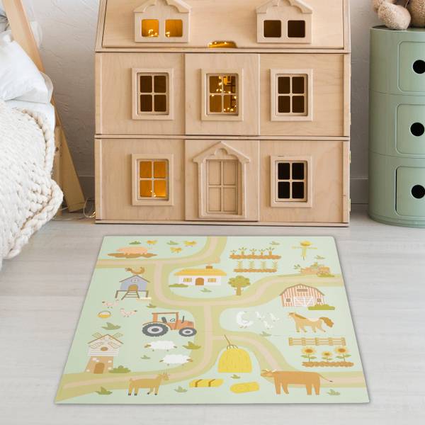 Puzzelmat baby boerderij afwasbaar beige - blauw - groen - kunststof - 90 x 1 x 90 cm