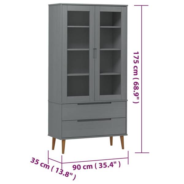 Armoire à vitrine 3017195 Gris - Pin - 90 x 175 x 35 cm